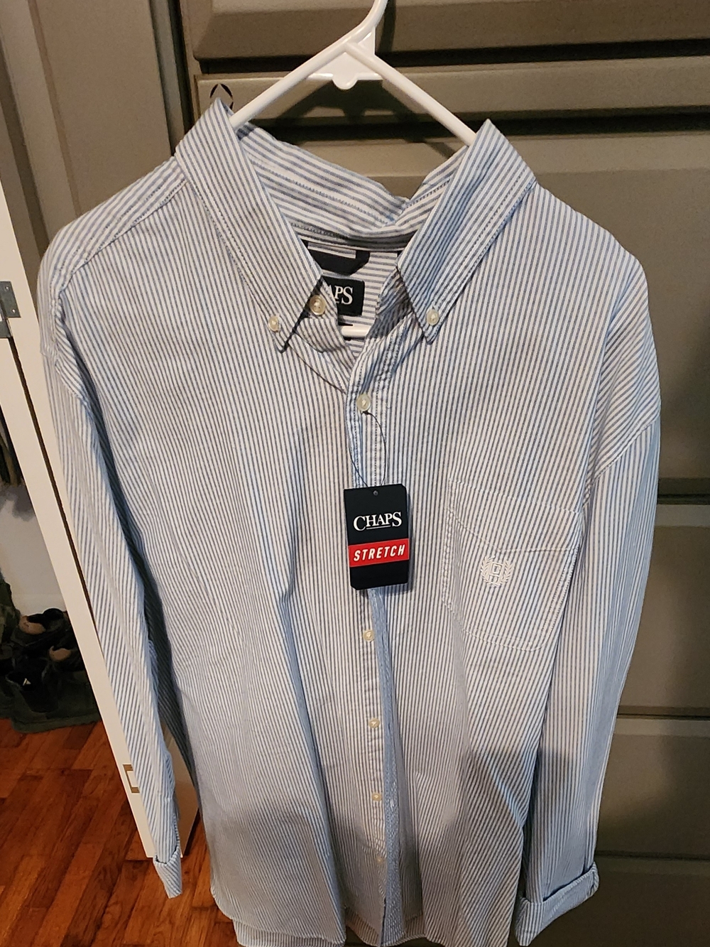 Chaps Men's Light Blue and White Stripe Button-Down Shirt